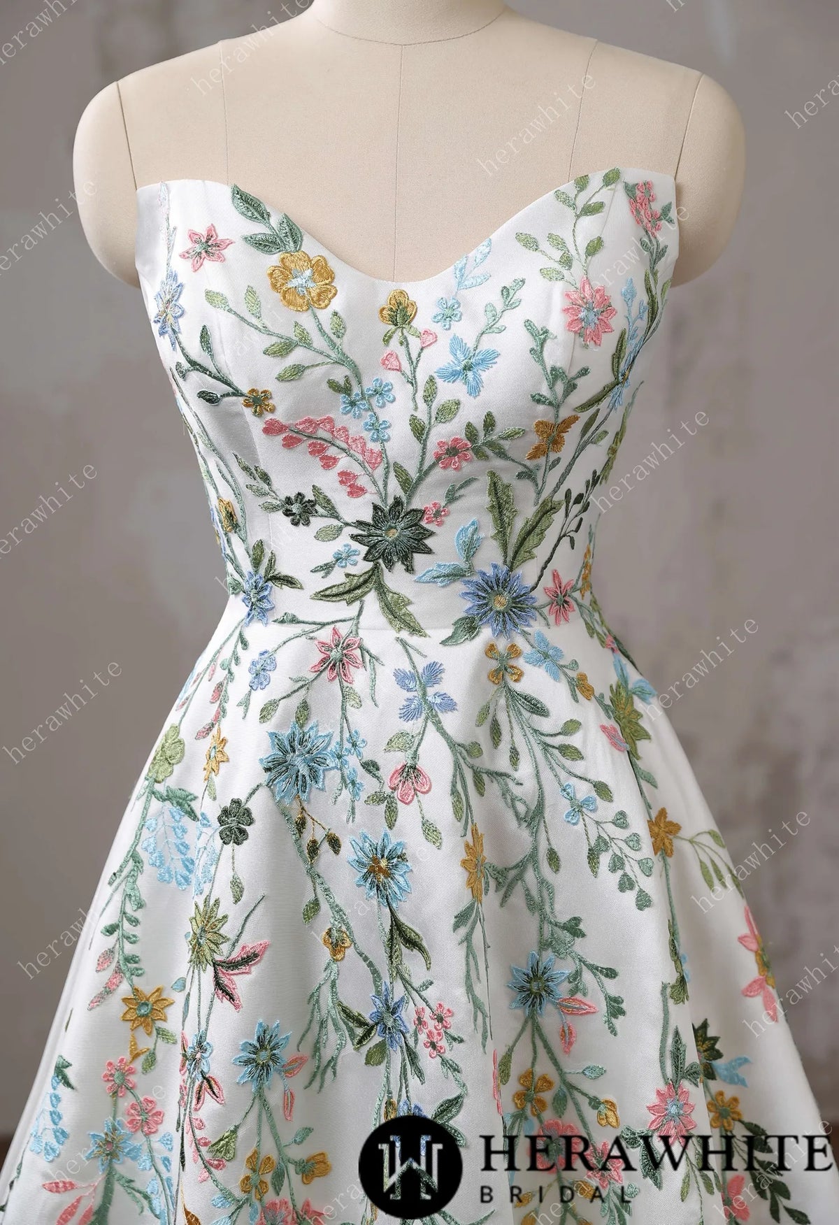 Strapless Floral Embroidered Mikado A line Wedding Dress HW3492