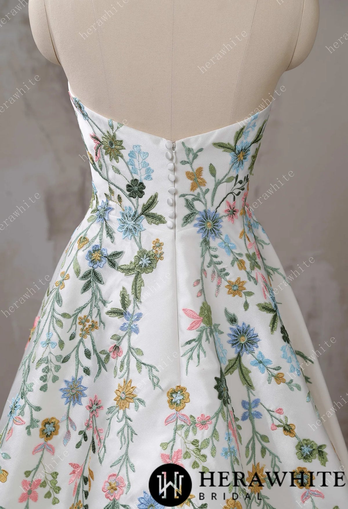 Strapless Floral Embroidered Mikado A line Wedding Dress HW3492