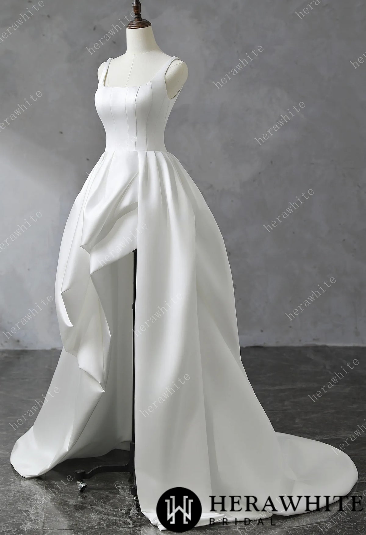 Square Neckline Satin Ball Gown With Asymmetric Draped Wedding Dress HW3530