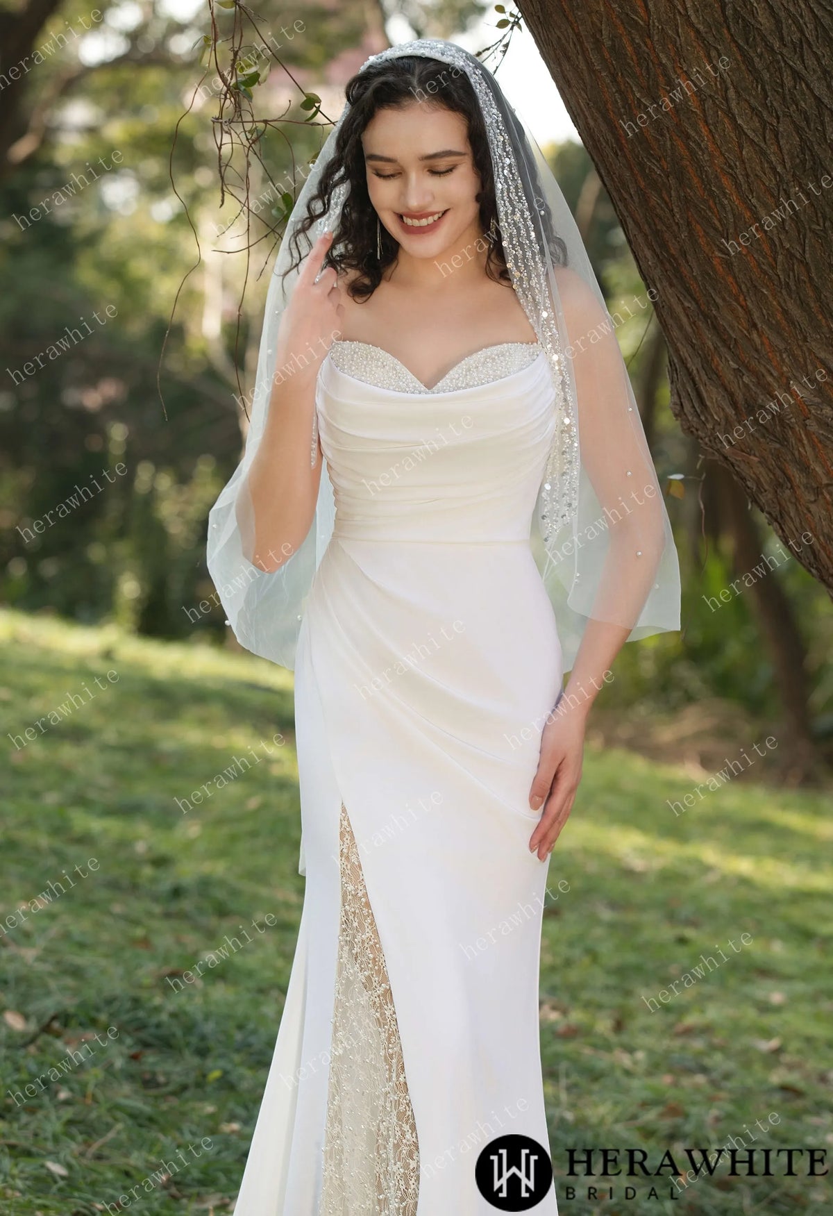Spaghetti Straps Beaded Crepe With Split Wedding Dress HW3564