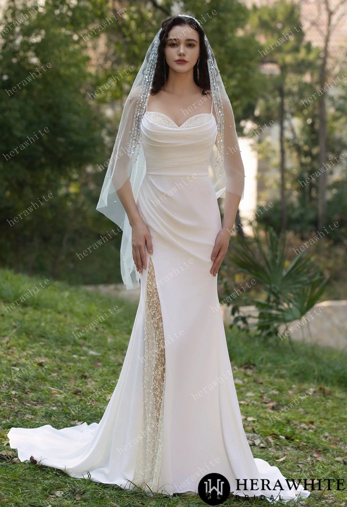 Spaghetti Straps Beaded Crepe With Split Wedding Dress HW3564