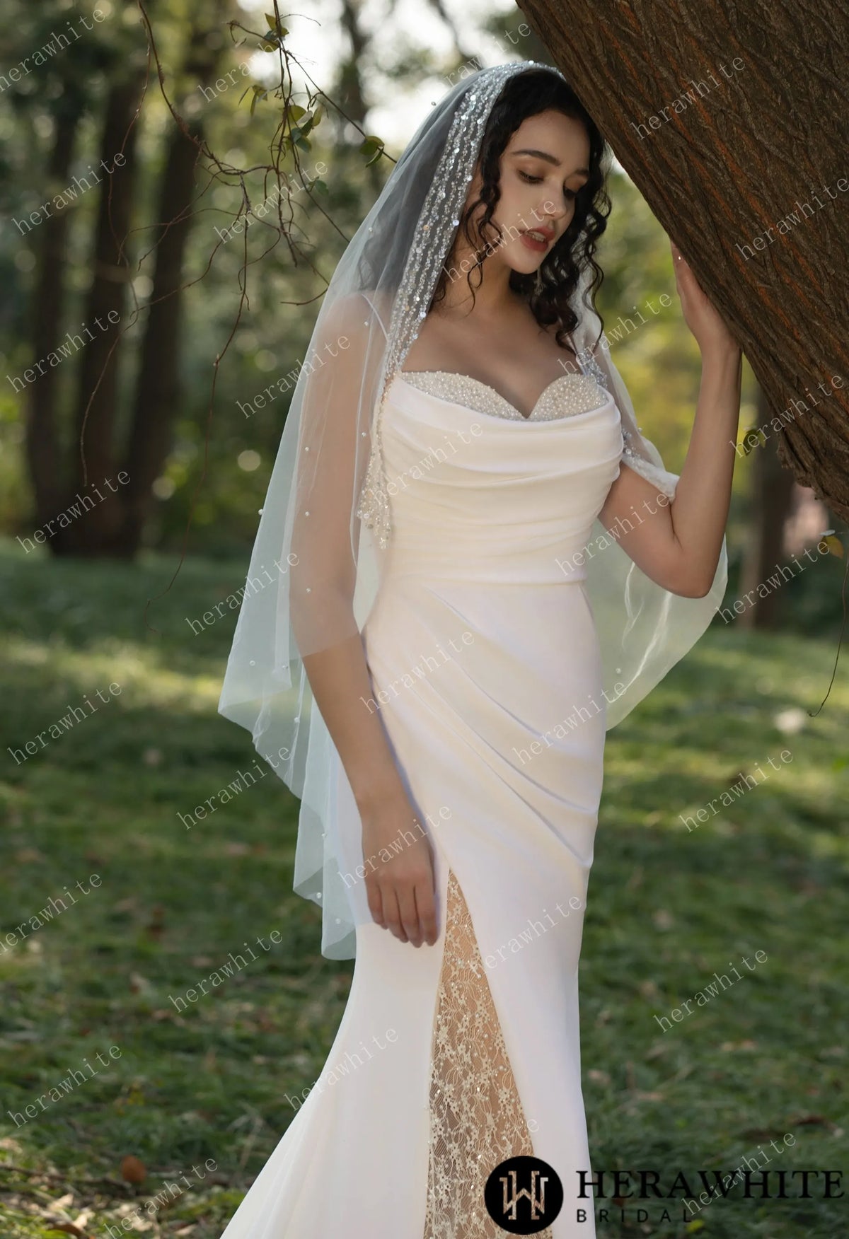 Spaghetti Straps Beaded Crepe With Split Wedding Dress HW3564