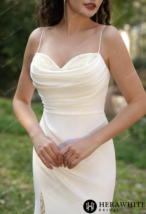 Spaghetti Straps Beaded Crepe With Split Wedding Dress HW3564