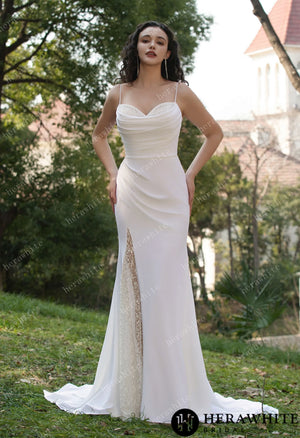 Spaghetti Straps Beaded Crepe With Split Wedding Dress HW3564