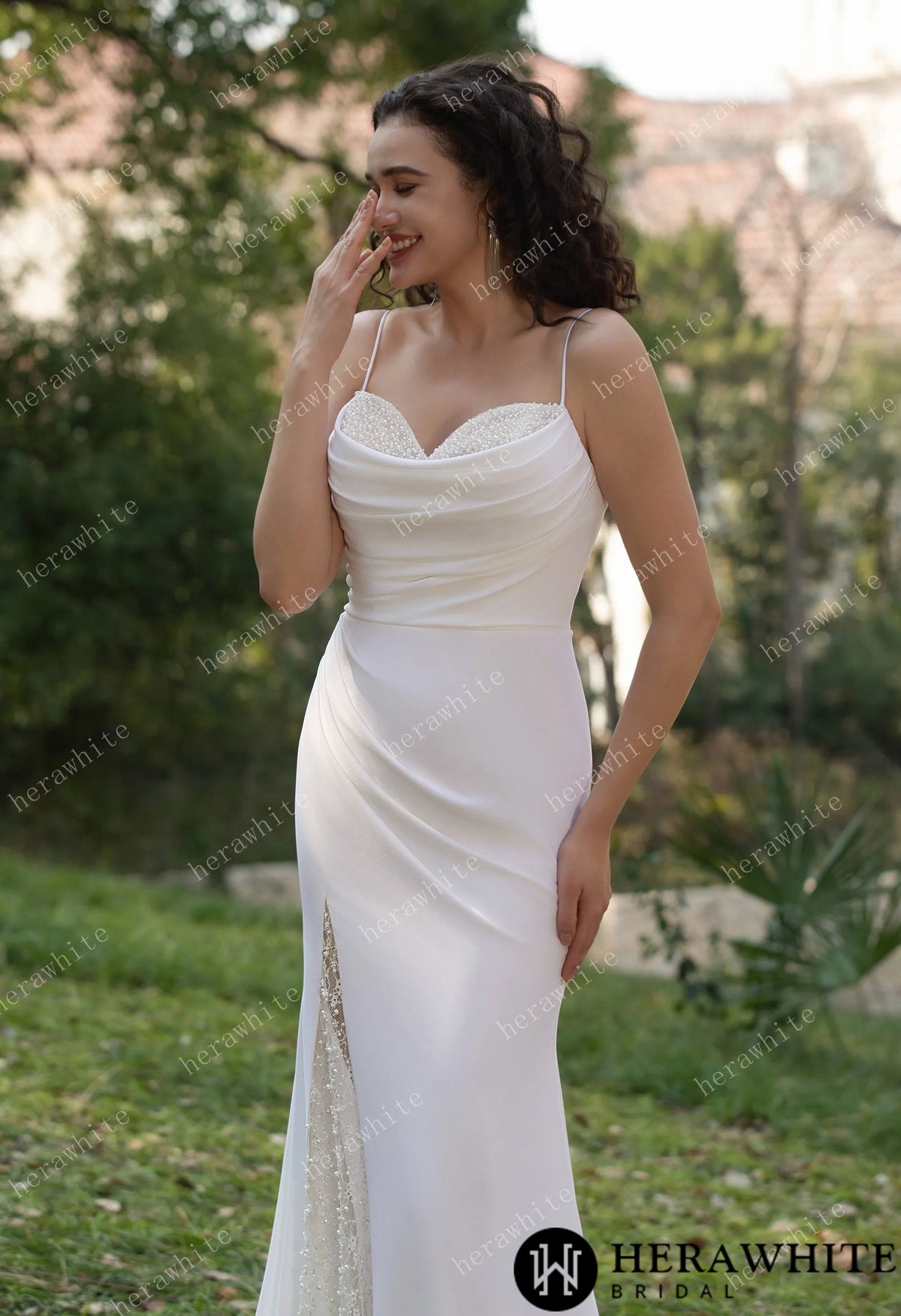 Spaghetti Straps Beaded Crepe With Split Wedding Dress HW3564