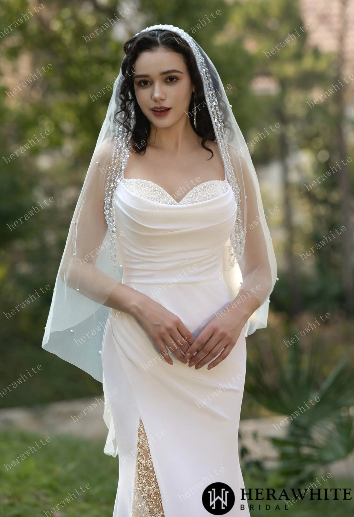 Spaghetti Straps Beaded Crepe With Split Wedding Dress HW3564