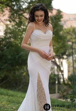 Spaghetti Straps Beaded Crepe With Split Wedding Dress HW3564