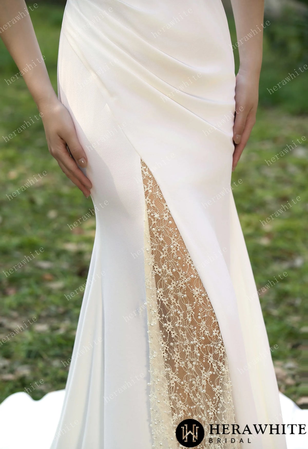 Spaghetti Straps Beaded Crepe With Split Wedding Dress HW3564