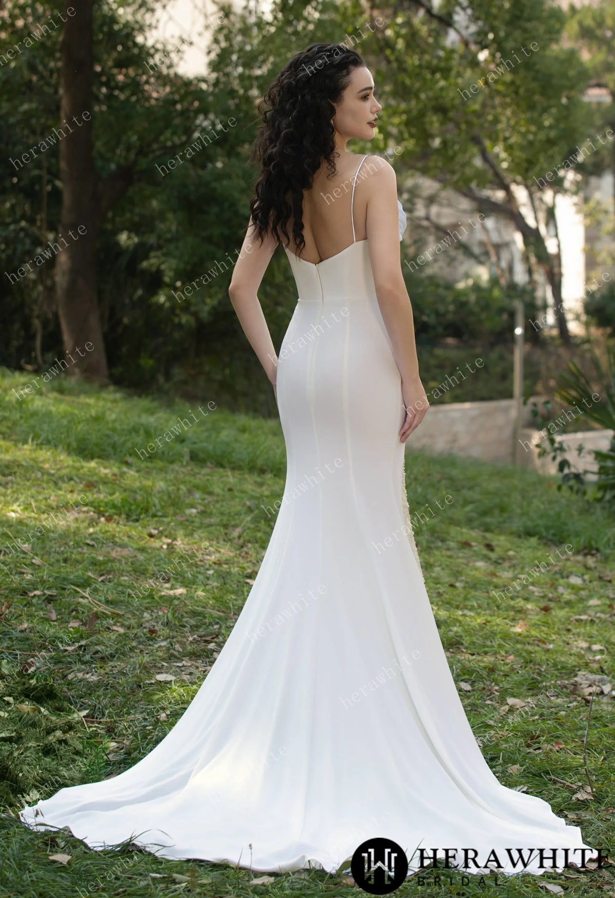 Spaghetti Straps Beaded Crepe With Split Wedding Dress HW3564