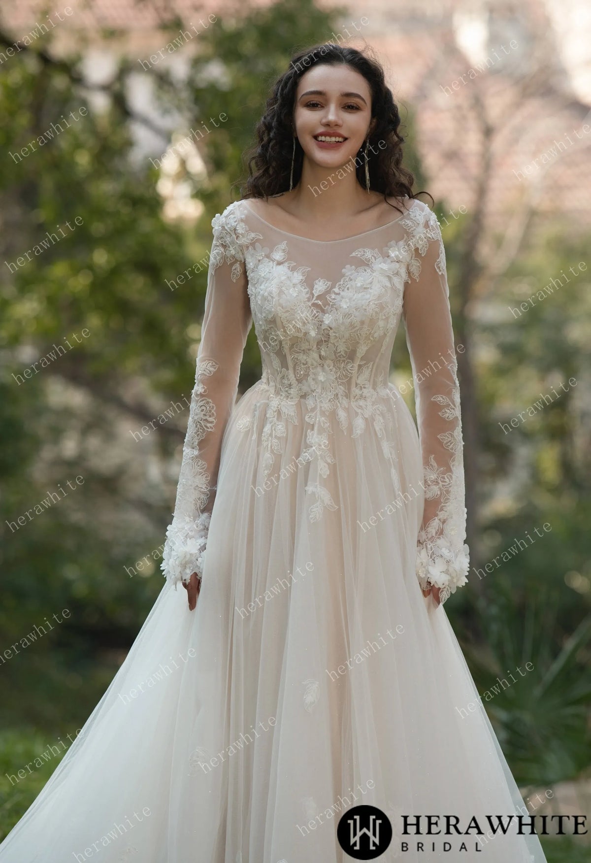 3D Flower Bateau Neckline Long Sleeve Eternal Lace Gown HW3565