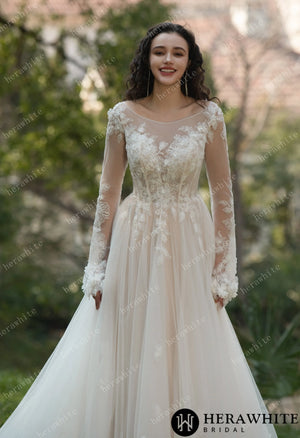3D Flower Bateau Neckline Long Sleeve Eternal Lace Gown HW3565