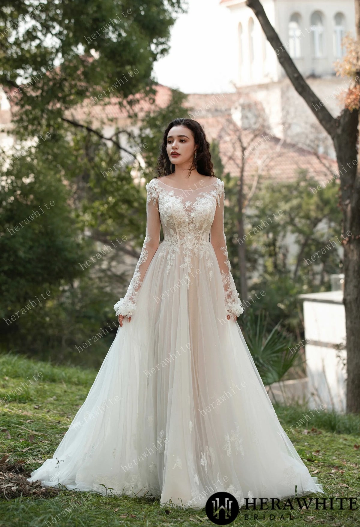 3D Flower Bateau Neckline Long Sleeve Eternal Lace Gown HW3565