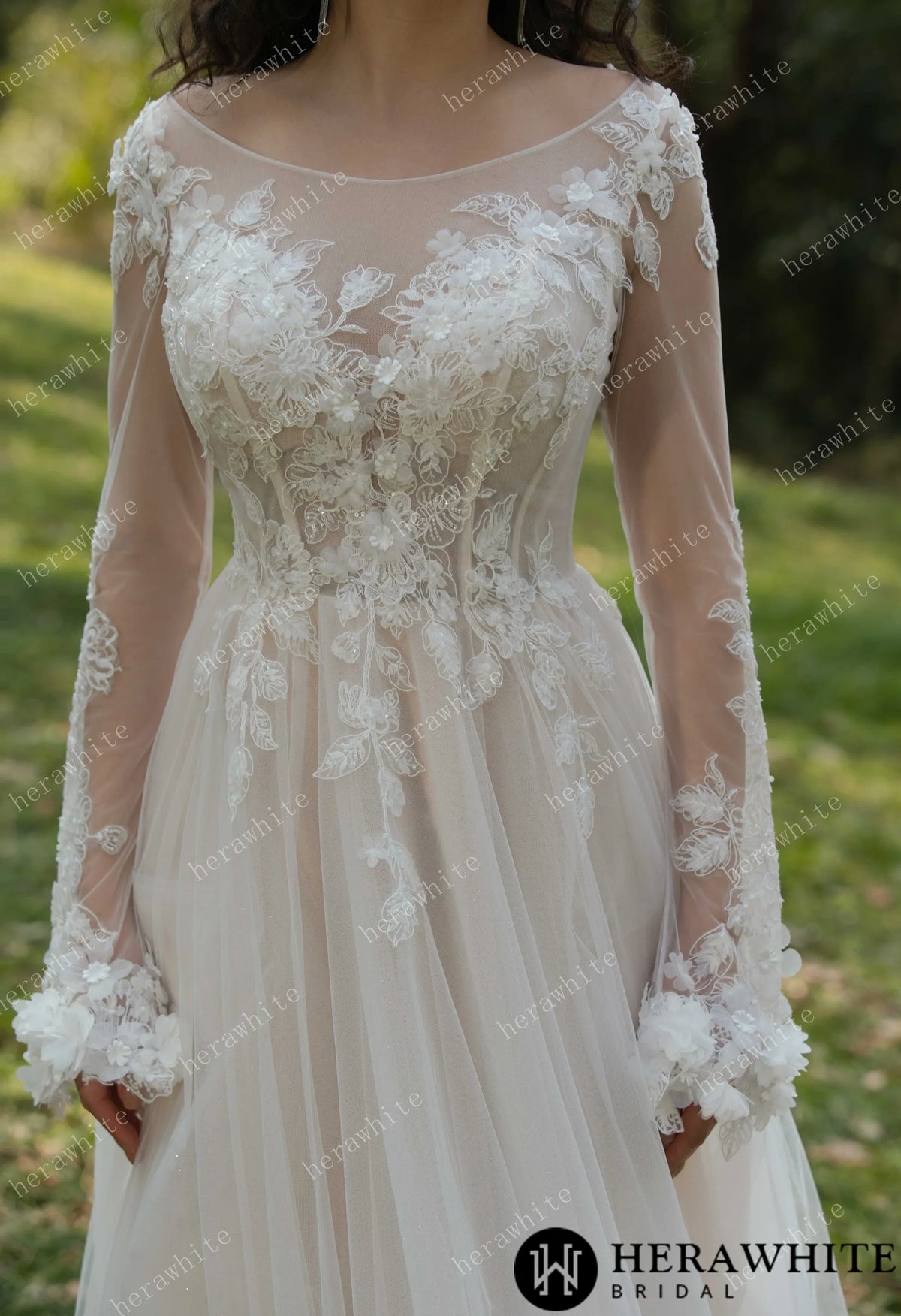3D Flower Bateau Neckline Long Sleeve Eternal Lace Gown HW3565
