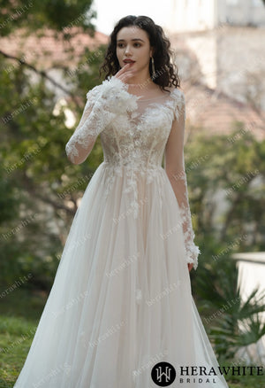 3D Flower Bateau Neckline Long Sleeve Eternal Lace Gown HW3565