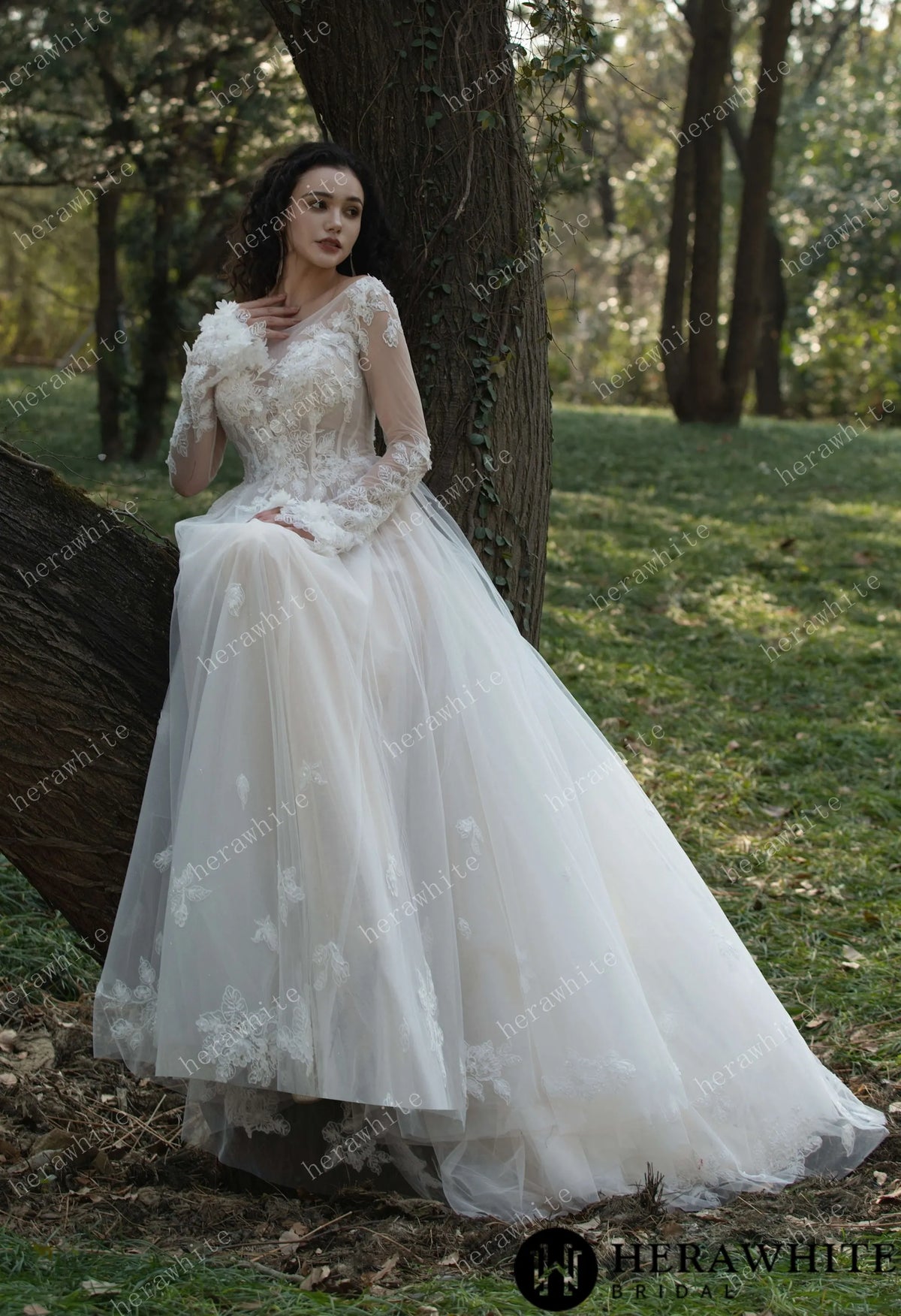 3D Flower Bateau Neckline Long Sleeve Eternal Lace Gown HW3565
