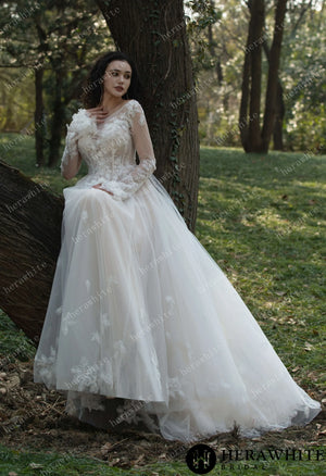 3D Flower Bateau Neckline Long Sleeve Eternal Lace Gown HW3565