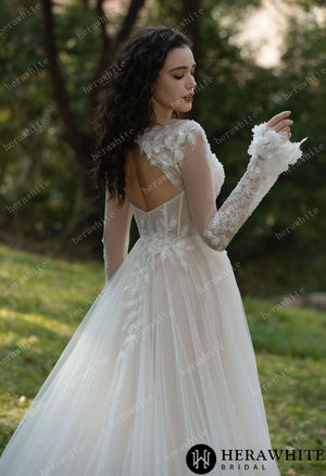3D Flower Bateau Neckline Long Sleeve Eternal Lace Gown HW3565