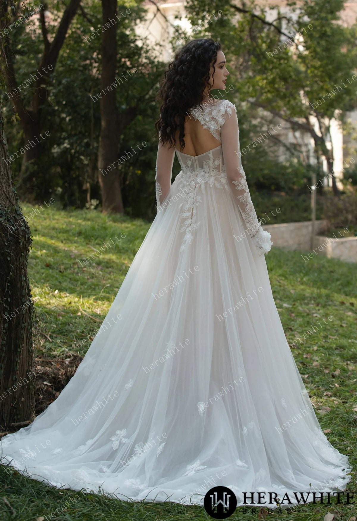3D Flower Bateau Neckline Long Sleeve Eternal Lace Gown HW3565