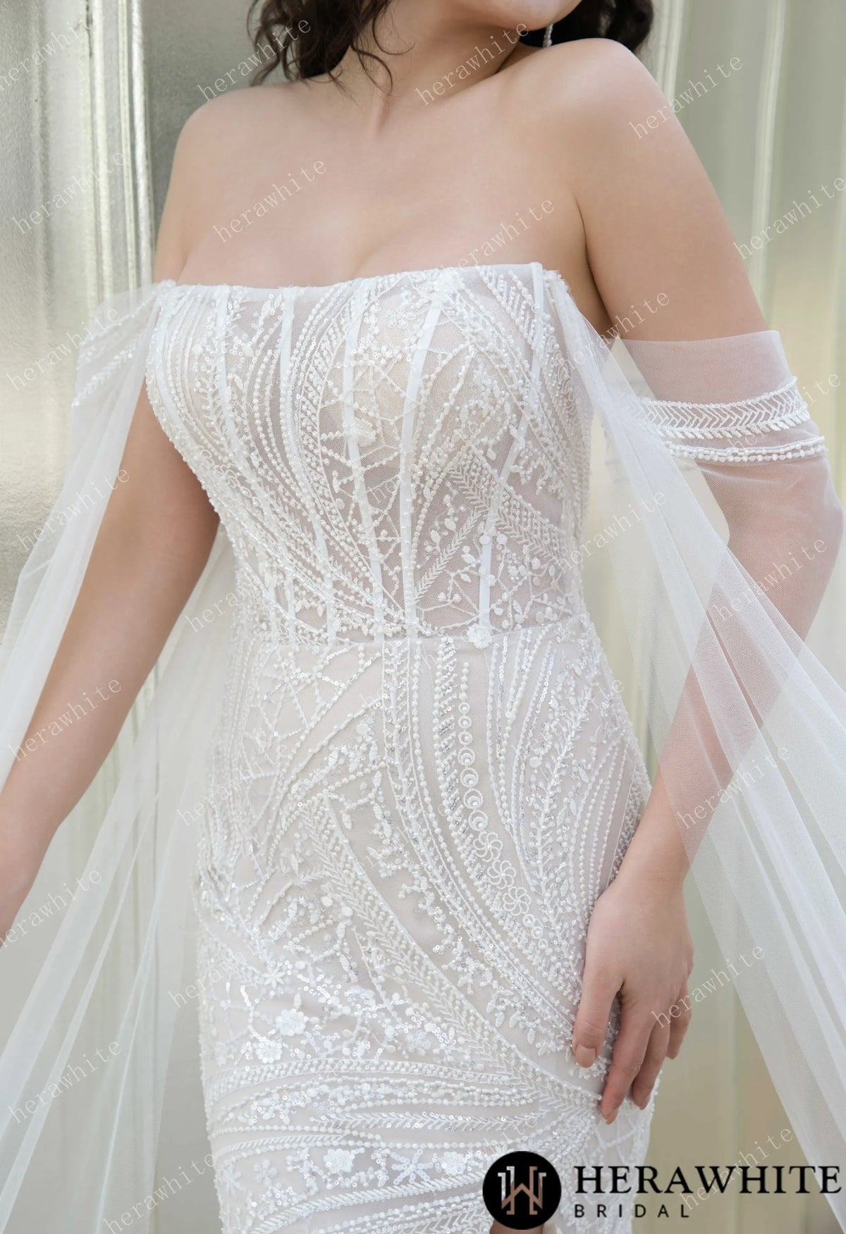 Square Neckline Beaded Embroidery Wedding Gown HW3568