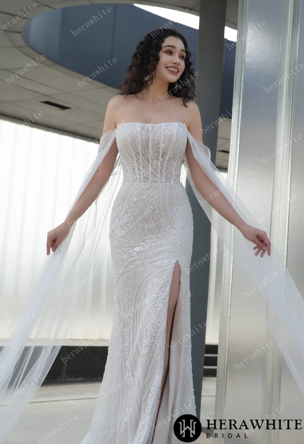 Square Neckline Beaded Embroidery Wedding Gown HW3568