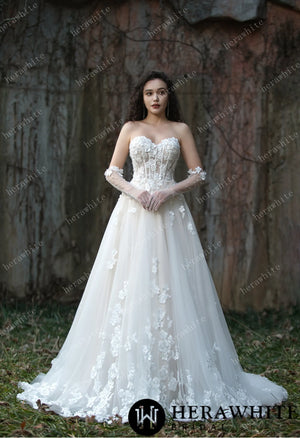 Strapless Tulle Wedding Ball Gown with 3D Embroidery Flowers HW3569