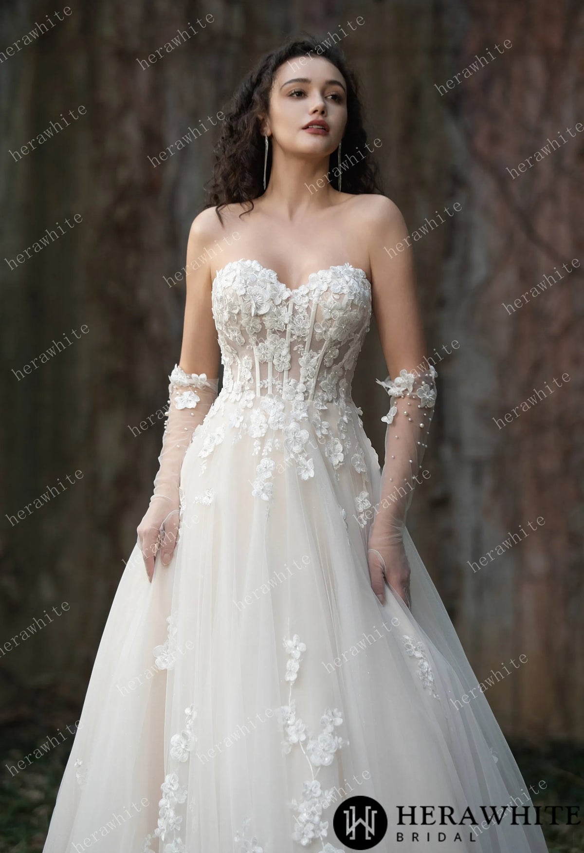 Strapless Tulle Wedding Ball Gown with 3D Embroidery Flowers HW3569