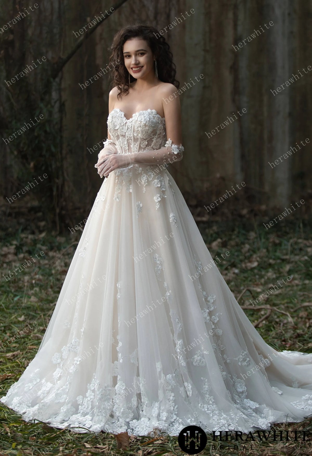 Strapless Tulle Wedding Ball Gown with 3D Embroidery Flowers HW3569