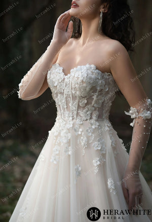 Strapless Tulle Wedding Ball Gown with 3D Embroidery Flowers HW3569