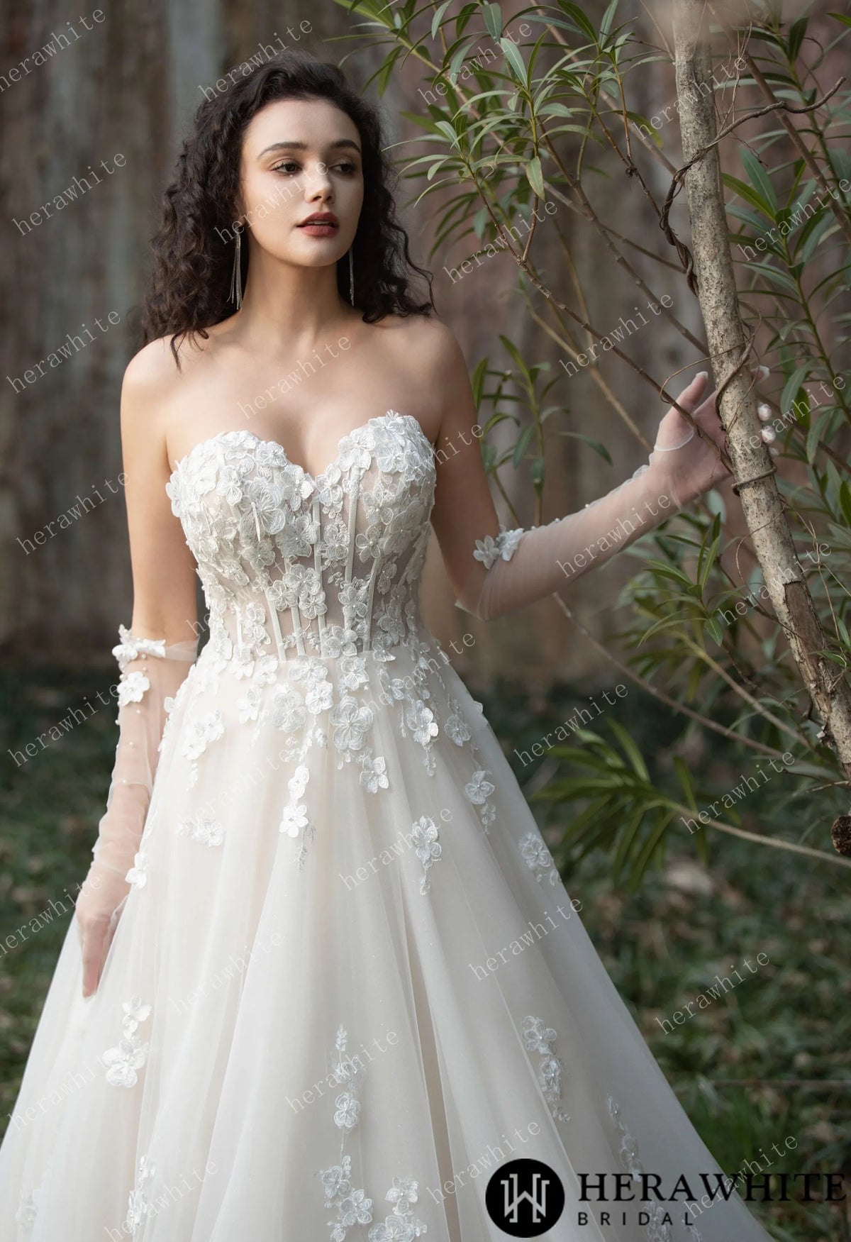 Strapless Tulle Wedding Ball Gown with 3D Embroidery Flowers HW3569