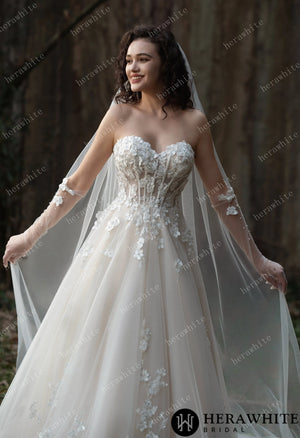 Strapless Tulle Wedding Ball Gown with 3D Embroidery Flowers HW3569
