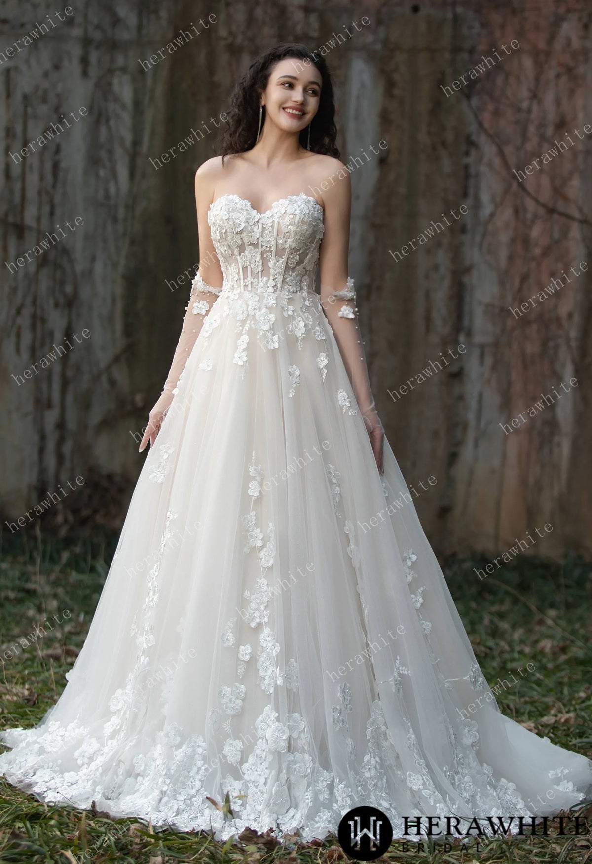 Strapless Tulle Wedding Ball Gown with 3D Embroidery Flowers HW3569