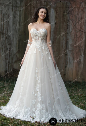 Strapless Tulle Wedding Ball Gown with 3D Embroidery Flowers HW3569