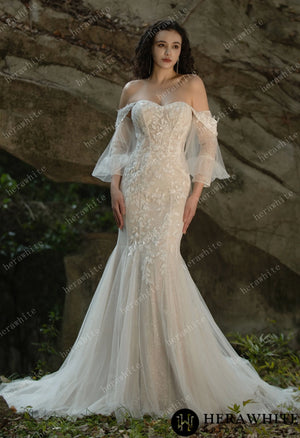 Beaded and Sequined Lace Off the Shoulder  Wedding Dress HW3572
