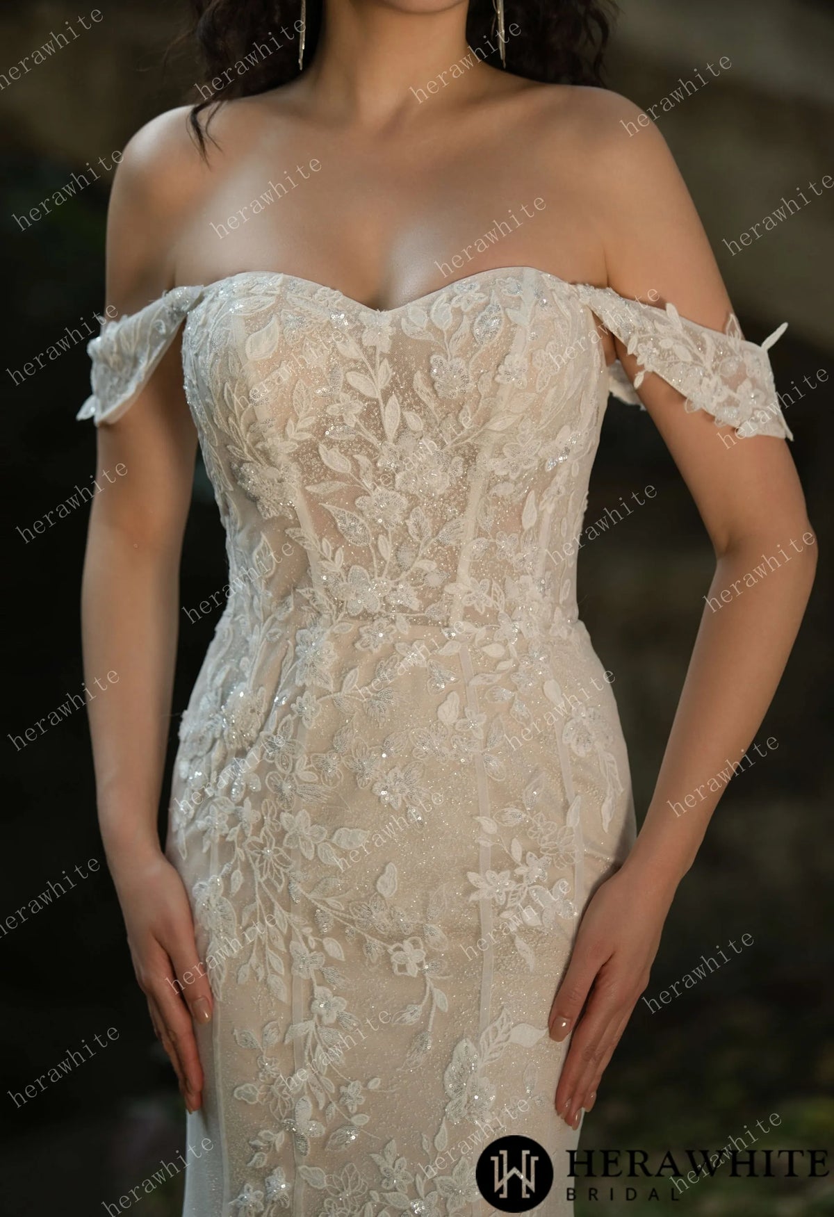 Beaded and Sequined Lace Off the Shoulder  Wedding Dress HW3572