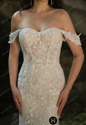 Beaded and Sequined Lace Off the Shoulder  Wedding Dress HW3572