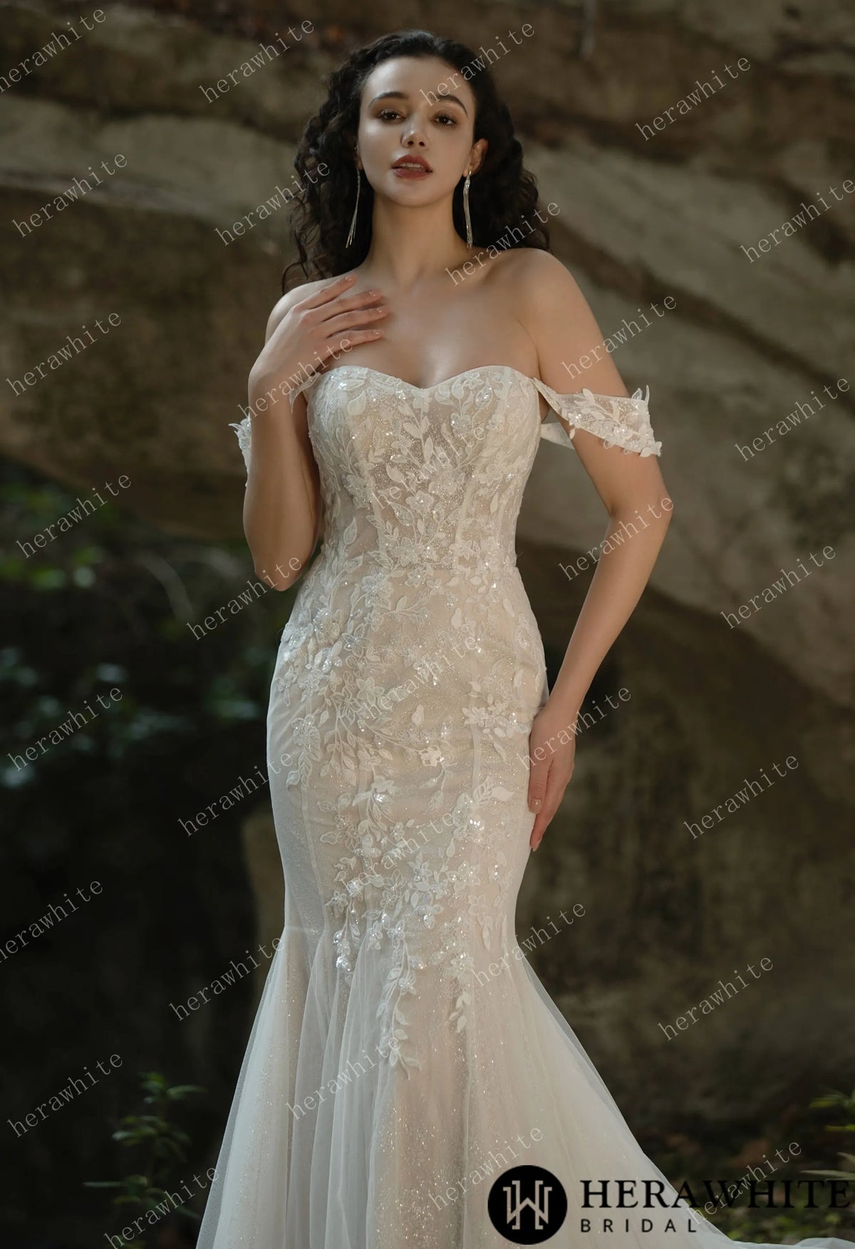 Beaded and Sequined Lace Off the Shoulder  Wedding Dress HW3572