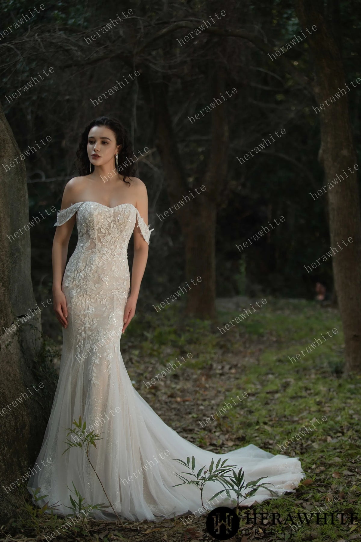 Beaded and Sequined Lace Off the Shoulder  Wedding Dress HW3572