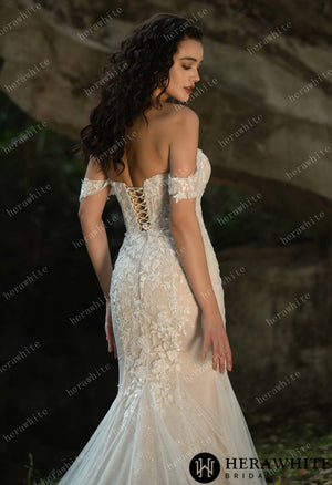 Beaded and Sequined Lace Off the Shoulder  Wedding Dress HW3572