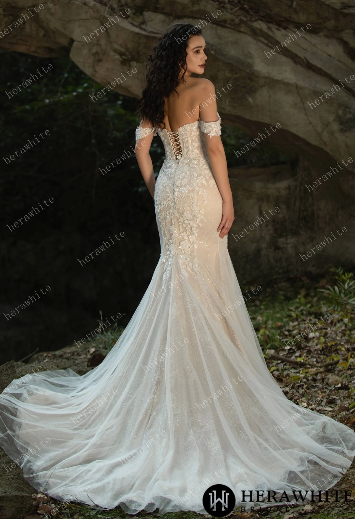 Beaded and Sequined Lace Off the Shoulder  Wedding Dress HW3572
