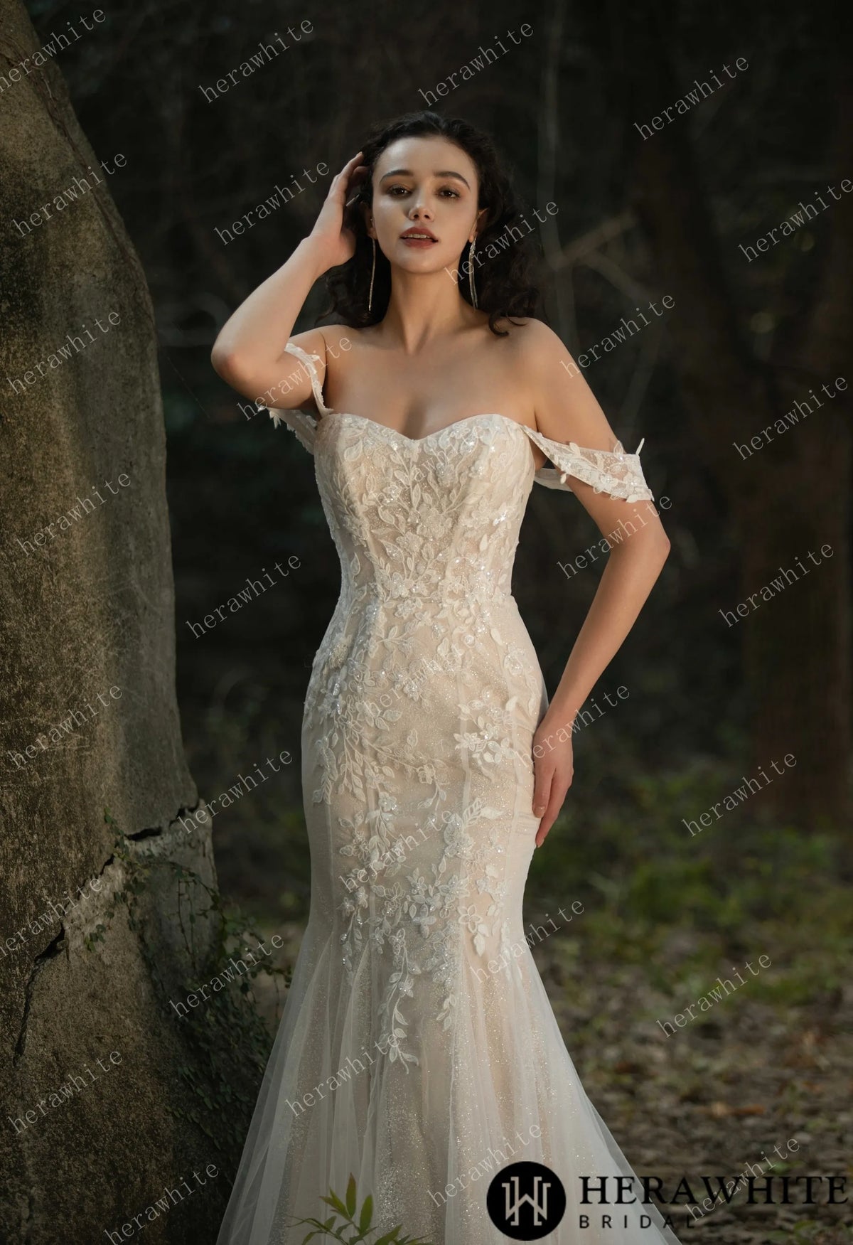 Beaded and Sequined Lace Off the Shoulder  Wedding Dress HW3572