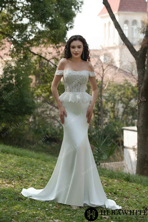 Off the Shoulder Ruffle Fit and Flare Bridal Gown HW3575