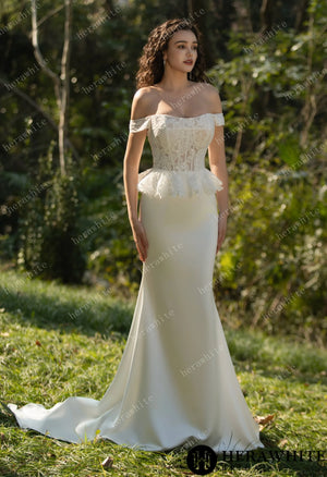 Off the Shoulder Ruffle Fit and Flare Bridal Gown HW3575