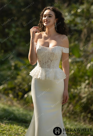 Off the Shoulder Ruffle Fit and Flare Bridal Gown HW3575