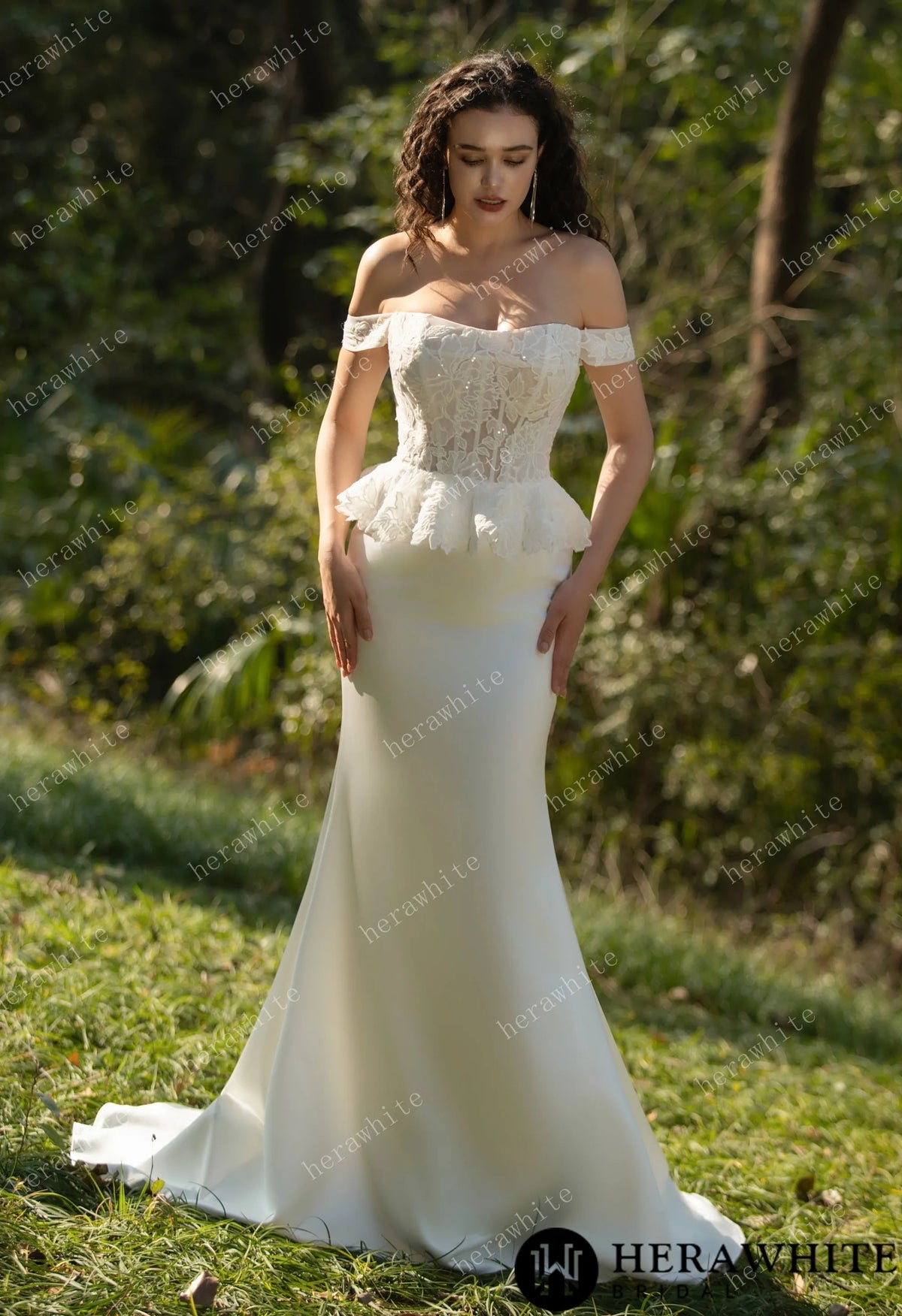 Off the Shoulder Ruffle Fit and Flare Bridal Gown HW3575