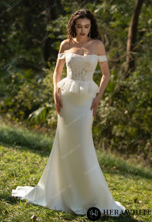 Off the Shoulder Ruffle Fit and Flare Bridal Gown HW3575