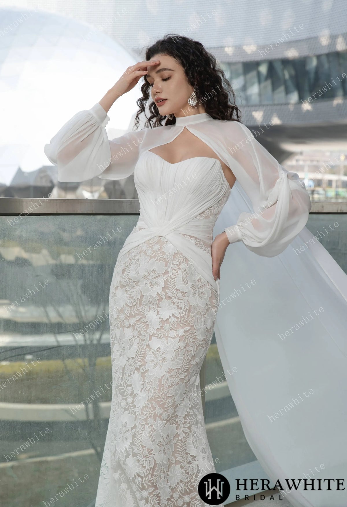 Elegant Strapless Pleated Wedding Dress with Lace Mermaid Skirt and Flowing Sheer Cape HW3580