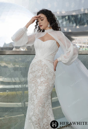 Elegant Strapless Pleated Wedding Dress with Lace Mermaid Skirt and Flowing Sheer Cape HW3580