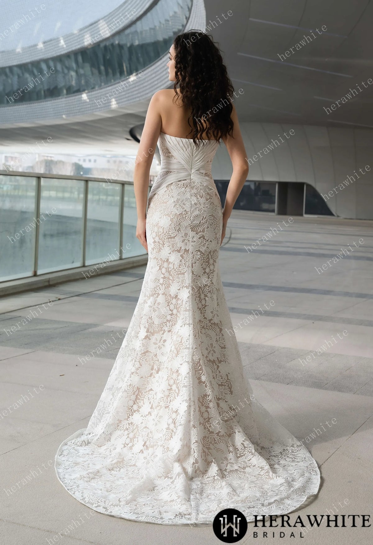 Elegant Strapless Pleated Wedding Dress with Lace Mermaid Skirt and Flowing Sheer Cape HW3580