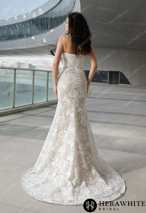 Elegant Strapless Pleated Wedding Dress with Lace Mermaid Skirt and Flowing Sheer Cape HW3580