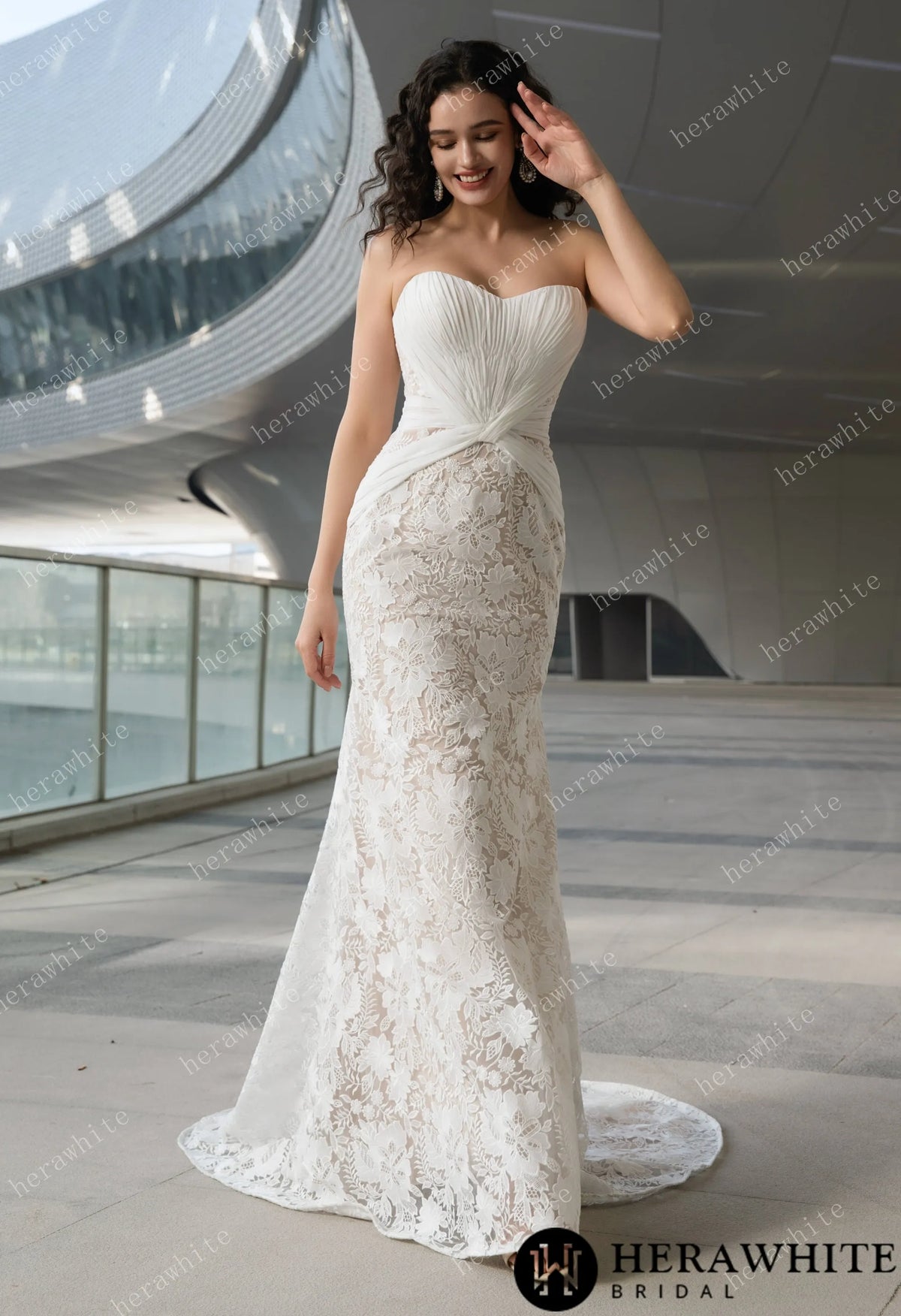 Elegant Strapless Pleated Wedding Dress with Lace Mermaid Skirt and Flowing Sheer Cape HW3580
